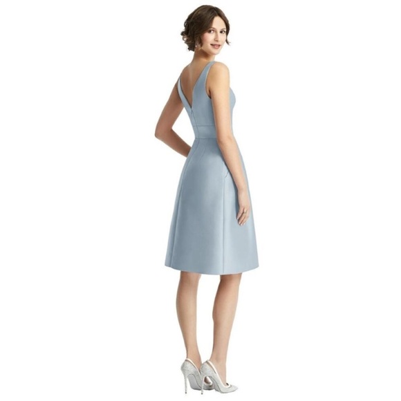 Alfred Sung Satin Twill V-Neck Pleated Skirt Cocktail Dress in Blue Mist D768 0R - Picture 9 of 14